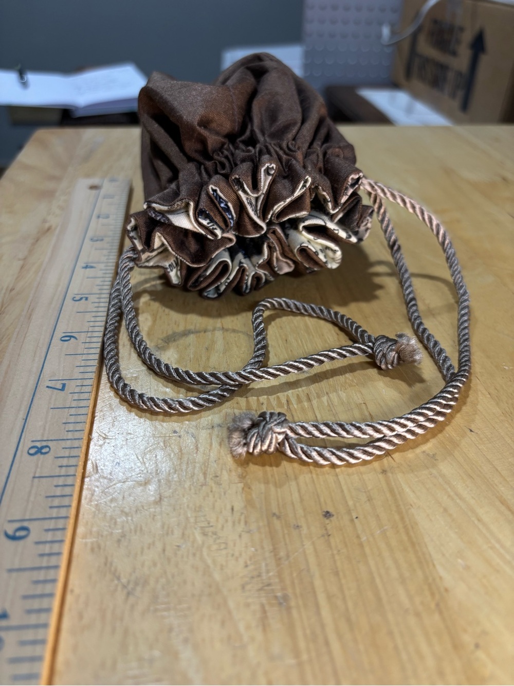 Brown Satin Drawstring wrist handbag Jewelry Pouch vintage print liner